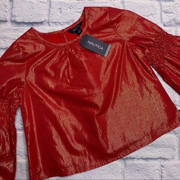 NEW Nautica Blouse, Flare Bell Sleeve, Red/Metallic Gold Stripes - Picture 2 of 10